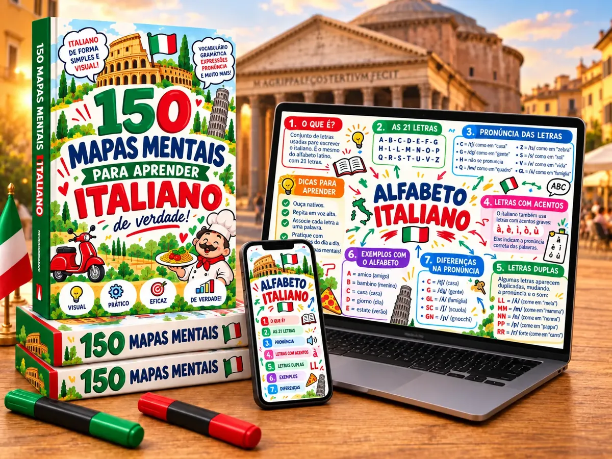 150 mapas mentais para aprender italiano: livro, notebook e celular